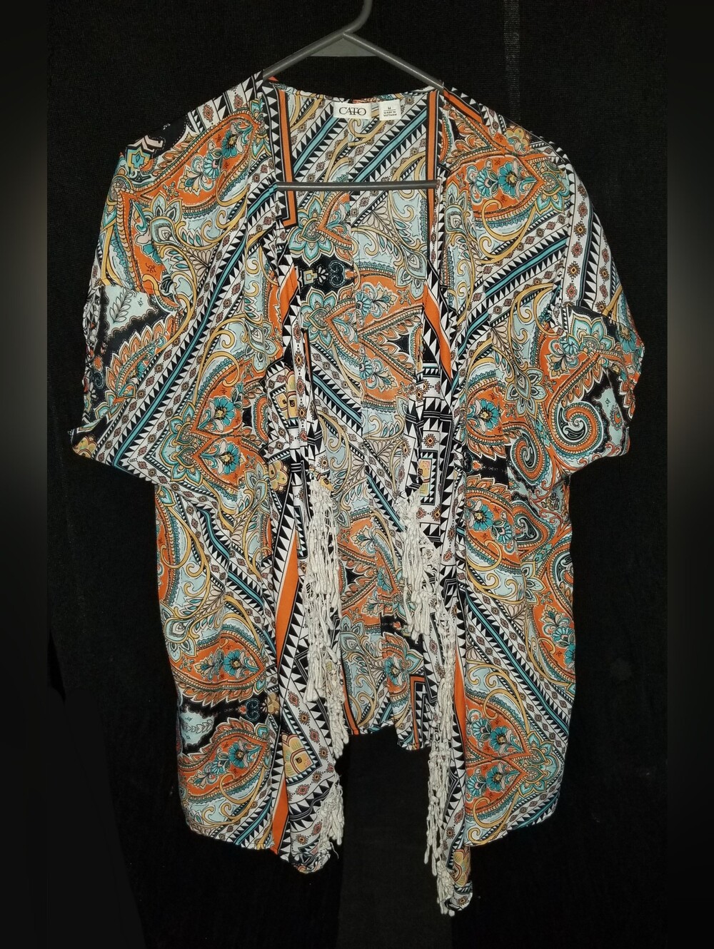 Women's Cato Paisley Kimono Cardigan Open-Front W/ Fringed Hem Medium 